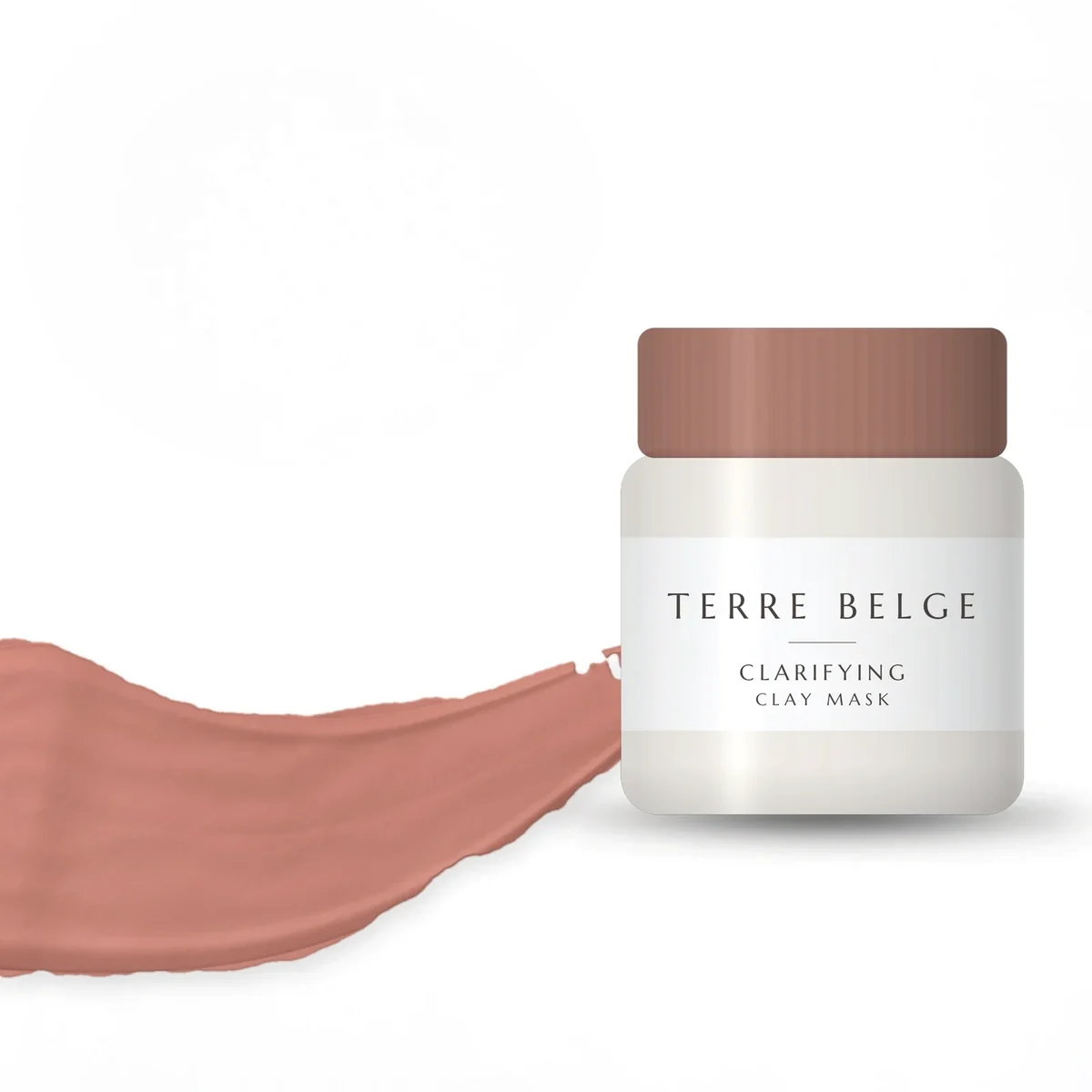 Een veeg rood kleimasker naast een pot Clarifying Clay Mask